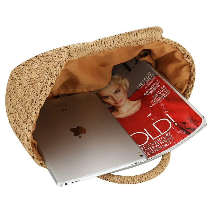 EROUGE Natural Chic Straw Bag Hand Woven Round Handle Handbags Retro Summer Beach Bag (Coyote brown) - Image 4